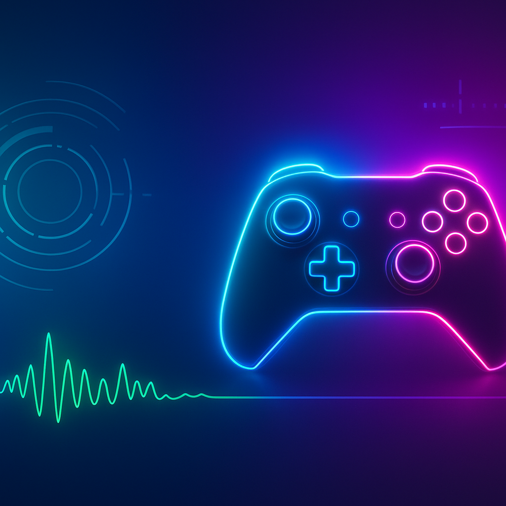 Neon arcade controller and HUD collage
